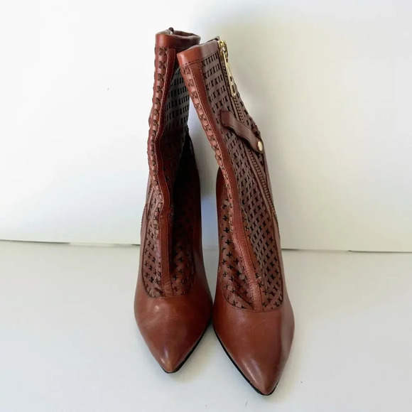 DONALD PLINER 7.5 Brown Heeled Perforated Lattice Ankle Stiletto Boots - Picture 2 of 8